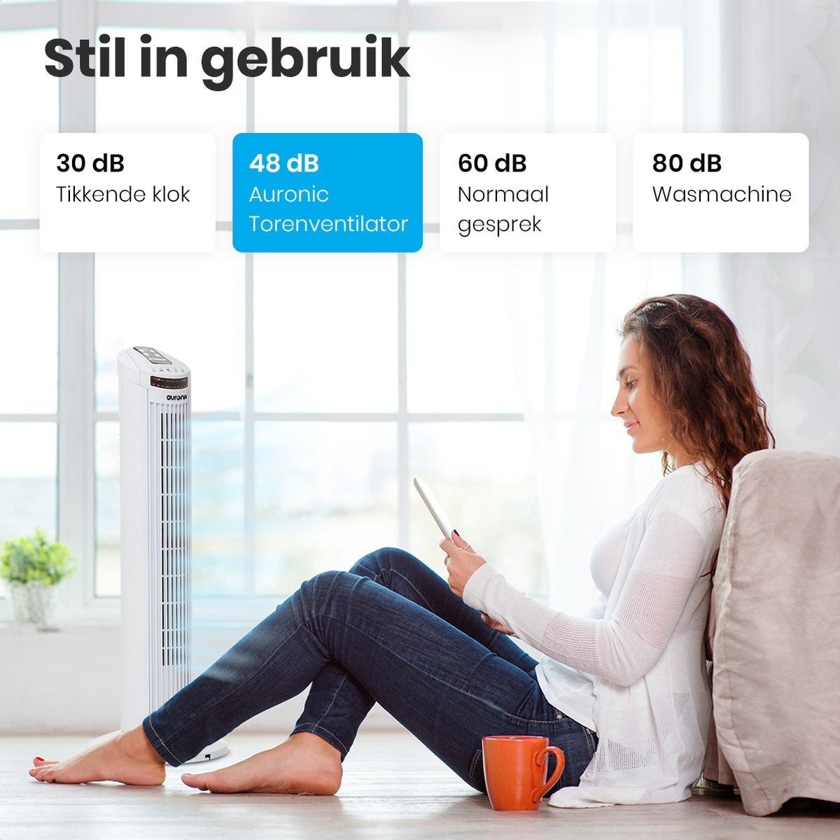 Auronic Torenventilator - Staande Ventilator met Afstandsbediening - Timer - 50W - 45dB - 74cm - Wit