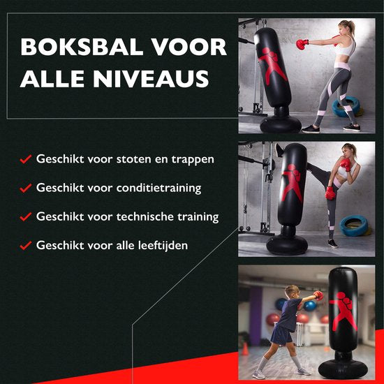 Zoluko Opblaasbare Bokszak op Voet - Incl. Bokshandschoenen, Voetpompje en E-book - Voor binnen en buiten - Voor Volwassenen en Kinderen - Zwart - ø 65 cm - 160 cm hoog