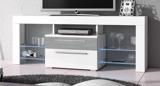 TV meubel TV dressoir Navia high design LED verlichting body wit mat front lades hoogglans grijs