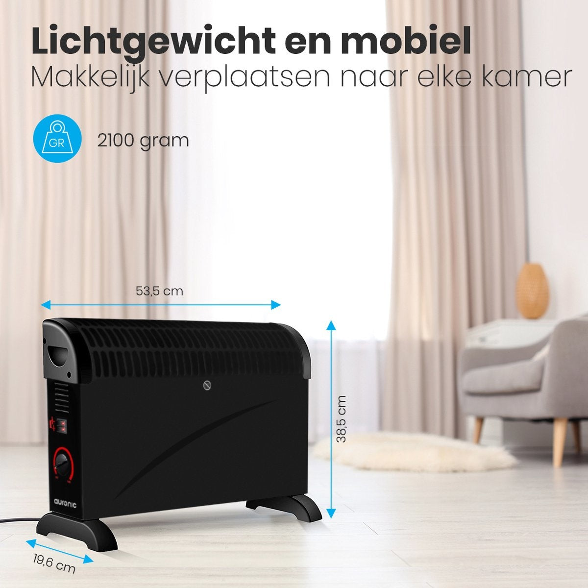 Auronic Elektrische Convectorkachel - 750/1250/2000 Watt - Verstelbare Thermostaat - Zwart
