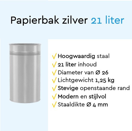BRASQ Prullenbak Metaal Kantoor/ Thuisgebruik - Vuilnisbak - Afvalemmer - Papierbak - Rond - Prullenbakken - Zilver 21 liter