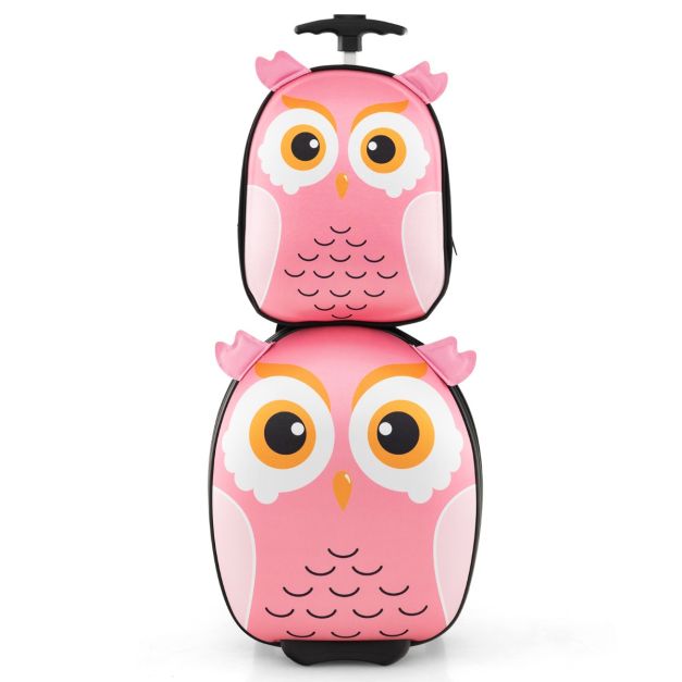 2-Delige Kinderkofferset met 40 cm Kinderkoffer & 30 cm Rugzak Rollende Koffer Reistrolleykofferset voor Kinderen - Roze - Uil