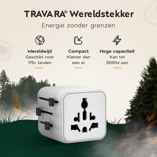 TRAVARA Reisstekker - 2500W – Wereldstekker Universeel - 170+ Landen – Reisstekker Engeland Amerika, Afrika, Italië, Japan – Wereldstekkers