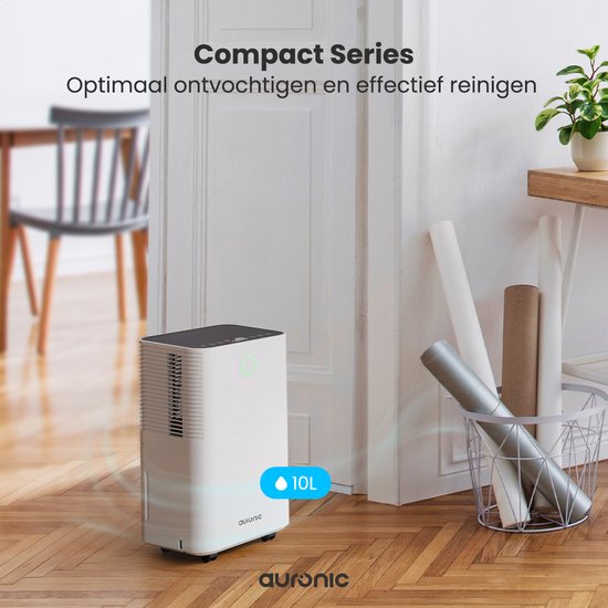 Auronic Luchtontvochtiger - Compact Series - 10L per dag - 2L Waterreservoir - Was-droog functie - Slaapkamer, Badkamer en Woonkamer - Vochtopnemer voor in Huis - Dehumidifier - Wit