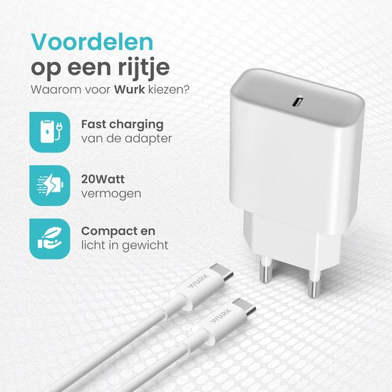 Wurk Snellader Geschikt voor Apple iPhone, iPad & Airpods - 20W Oplader - 1 Meter USB C naar Lightning Kabel - Lader Geschikt voor 14/13/12/11/Xr/Xs/Xs Max/8/8 Plus/ Pro