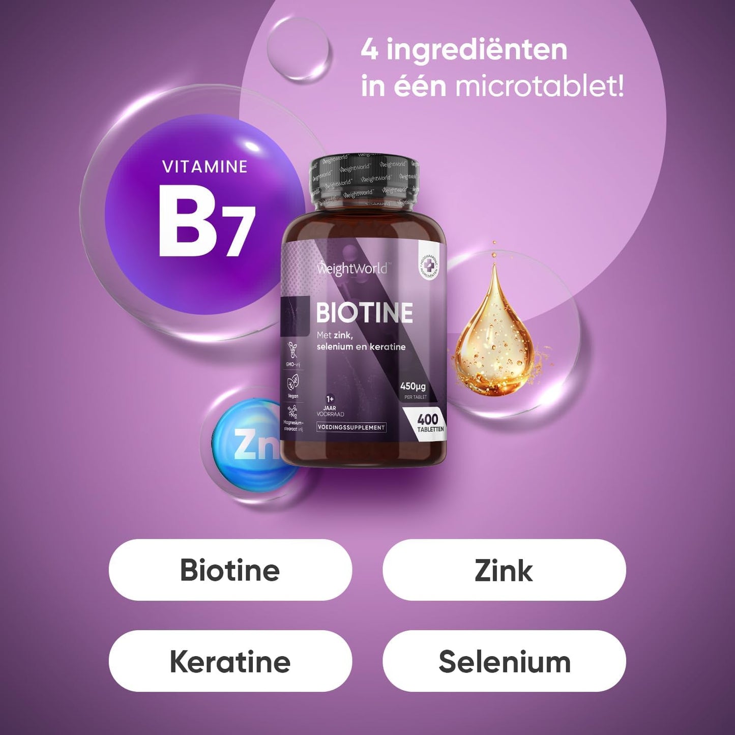 WeightWorld Biotine, Zink, Selenium & Keratine Tabletten – 400 Vegan Microtabletten (Ø 6 mm) – 1+ Jaar Voorraad – 15 mg Zink & 25 mg Keratine