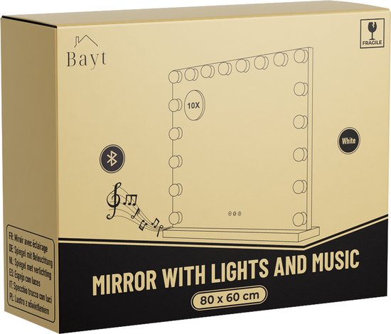 Bayt Hollywood Spiegel - Make up Spiegel - Spiegel - Hollywood Spiegel 80x60 - Dimbaar - 10x Vergroting - Met Verlichting en Bluetooth - USB aansluiting - 80x60 - Wit
