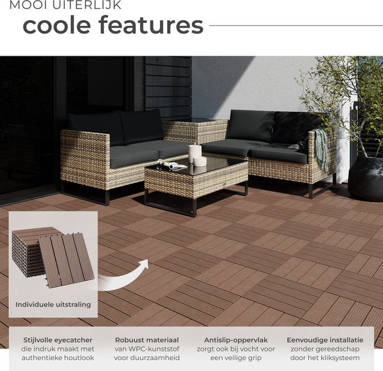 tectake® WPC houten tegels - Houtlook tegels - Weerbestendig - Vloerbedekking voor buiten - Vloertegels - Balkonvloer - Terrastegels met kliksysteem - Afvoer - Set van 11 - Bruin
