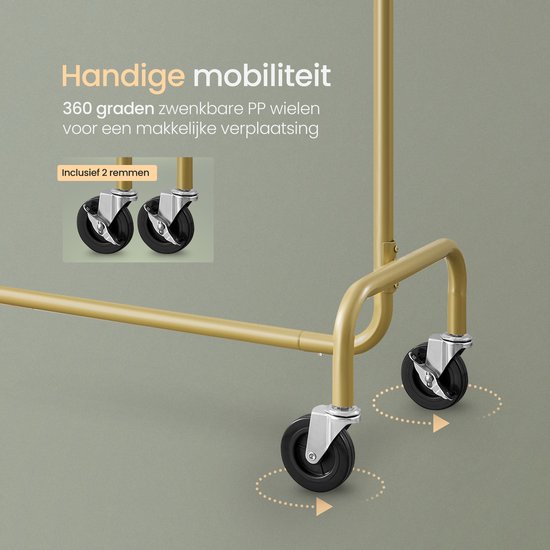 O'DADDY® Kledingrek - Kledingrek op Wieltjes - Kledingrek metaal - Kleding rek - Kledingrekken - Garderoberek - Kledingstang - Kledingrek goud - Uitschuifbare Kledingstang - Verstelbare Hangstang - Stabiel tot 130 kg - Goud