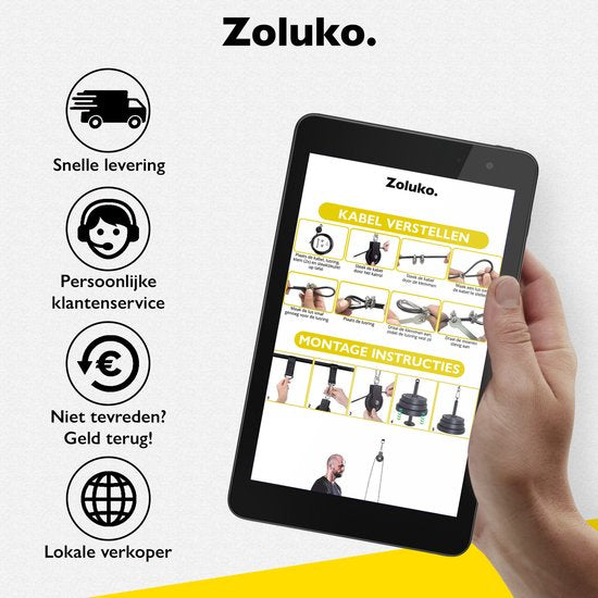 Zoluko Home Fitness Kabelsysteem 23-delige set - Incl. E-book - Krachtstation voor Thuis Sporten - Incl. Triceps Touw, Biceps Stang en Handgrepen - 100kg Draagkracht - Eenvoudige Bevestiging - Krachttraining - Lat Pulley - Home Gym - Zwart/Zilver
