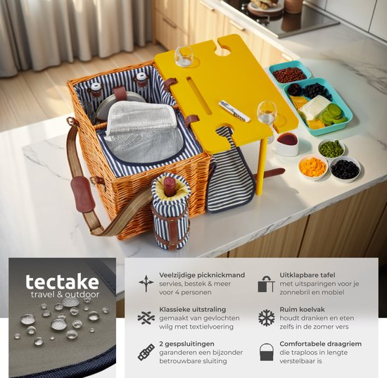 tectake® complete Picknickmand Set Texel - Luxe 24-delige Picknick set voor 2 personen - Rieten Picknick Mand met Picknickkleed - Inclusief Koelvak, Set met Borden, Kunststof Wijnglazen en Roestvrijstalen Bestek