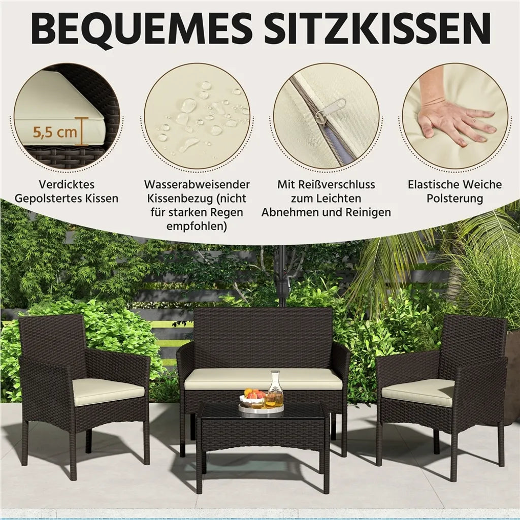 Yaheetech Polyrattan Loungeset 4-delig - Bruin/Beige - Tuinset met 2-zitsbank, 2 Stoelen en Tafel
