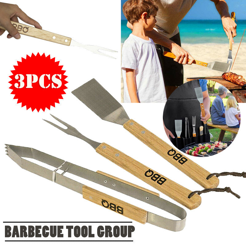 BBQ/barbecue gereedschap set 3-delig met houten handvatten - Tang - Vork - Spatel