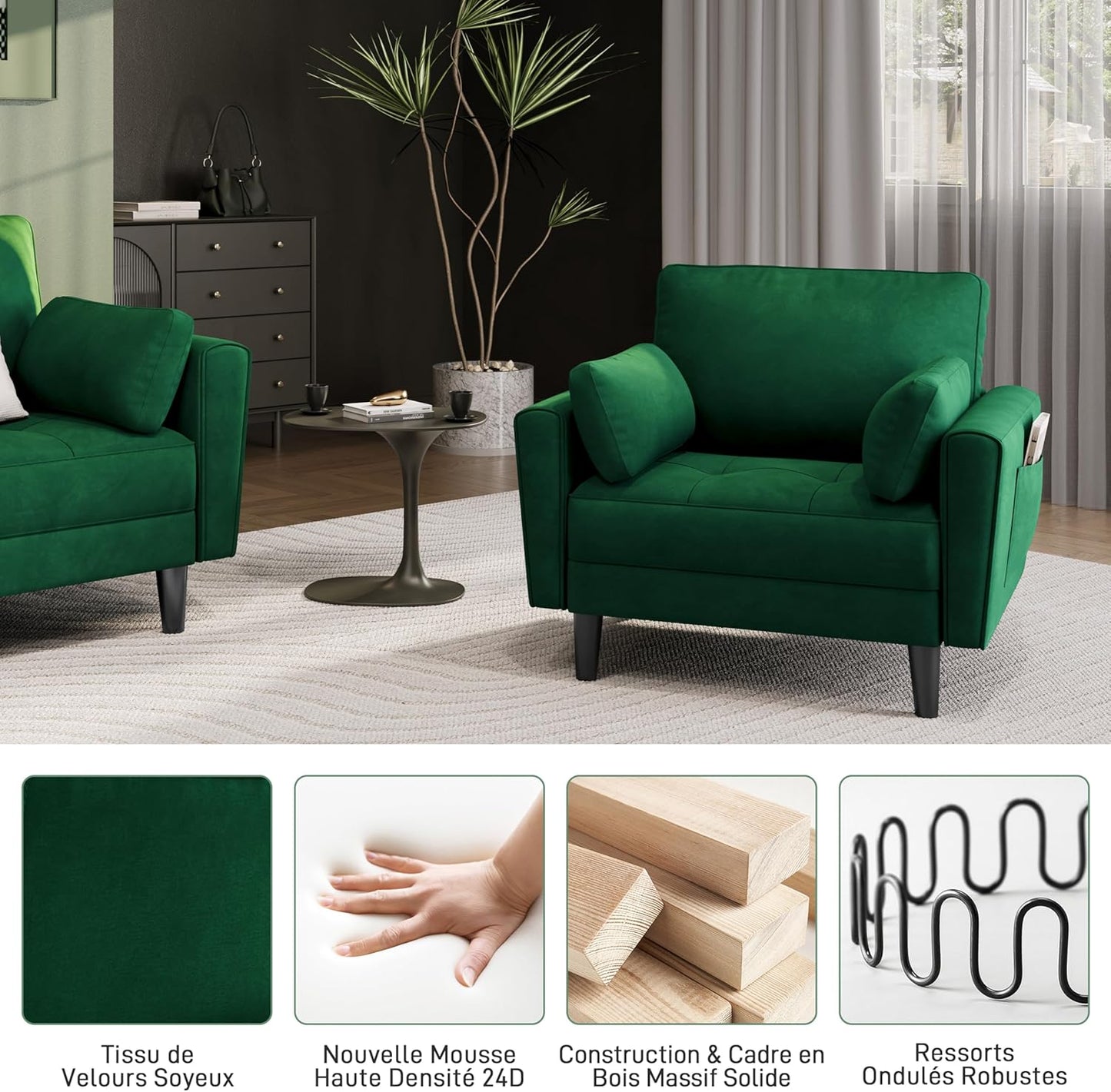 Yaheetech Moderne Woonkamerfauteuil met Armleuningen en Zakken Relaxfauteuil met Kussens Houten Frame Stoffen Slaapkamerfauteuil voor Woonkamer Groen