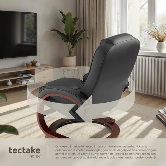tectake® TV-Fauteuil met Kruk - Verstelbare Rugleuning - 360° Draaibare Relaxfauteuil - Houten Poten - TV-Fauteuil van Imitatieleer met Relaxfunctie - Zwart