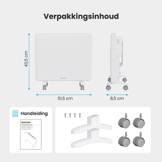 Auronic Convectorkachel - 1000W - Elektrische Verwarming - 3 Standen - Metalen Paneelverwarming - Vrijstaand - Wielen - Wit
