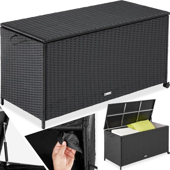 tectake® Wicker opbergbox - Outdoor kussenbox - Uitneembare binnenzak - Weerbestendig en afsluitbaar met deksel - Verrijdbaar - Inclusief 2 handgrepen, 2 wielen met rem en gasveren - Inhoud 297 l - Afmeting (LxBxH) 117 x 54 x 64 cm - Zwart