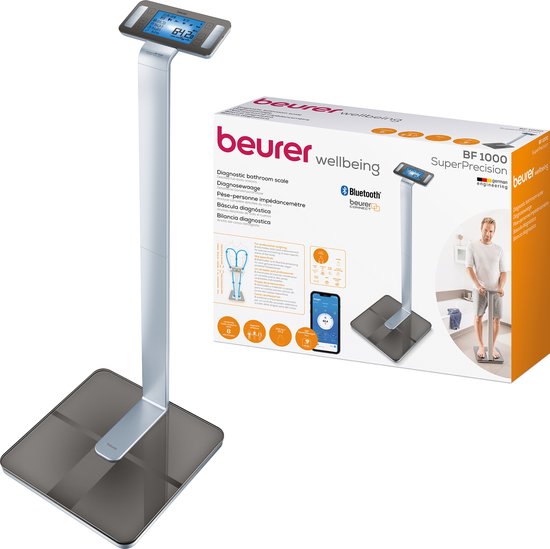 Beurer BF 1000 Super Precision Personenweegschaal - Uitgebreide lichaamsanalyse - Kolomweegschaal - Verlicht XXL display - Tot 200 kg - Kruismeting - 8 Elektroden - Bluetooth® - Beurer HealthManager Pro app - Incl. batterijen