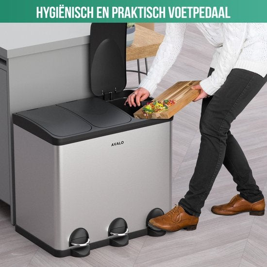 Avalo Prullenbak Afvalscheiding 60 Liter - RVS Zilver - 3 Vakken - Milieubewust, Hygienisch & Vingerafdrukvrij - Pedaalemmer / Vuilnisbak