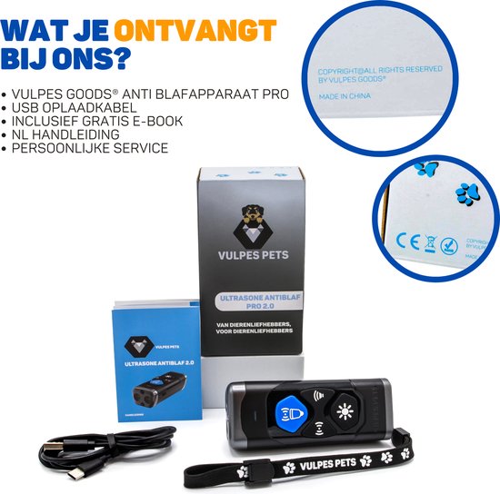 Vulpes Goods® Ultrasone Anti Blaf Apparaat – 4-in-1 Anti Blaf Apparaat Max - Zonder Schok - alternatief Anti Blafband - voor Kleine & Grote Honden - Audio - Flashlight - Zaklamp - USB-Oplaadbaar