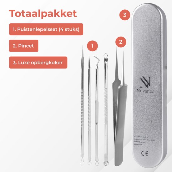 Nuvance - Mee Eters Verwijderen - Blackhead remover - Set van 5 - Mee Eter Verwijderaar - Comedonenlepel - Zilver