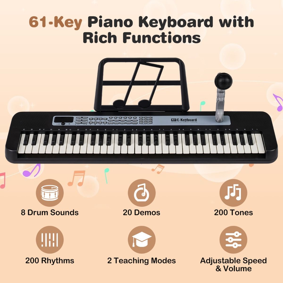 Coast Kinderkeyboard - 61 toetsen - verstelbare standaard - met microfoon en muziekstandaard - zwart/rood