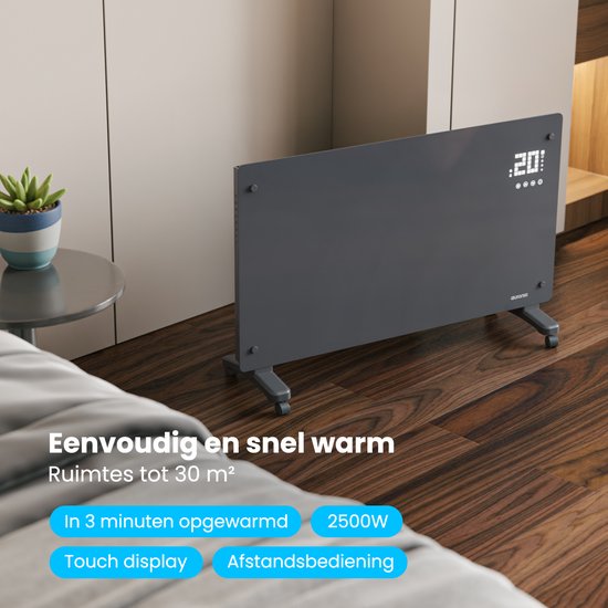 Auronic Elektrische Kachel – Convectorkachel met Thermostaat en Afstandsbediening - Glazen Paneelverwarming - 2500W Heater - Grijs