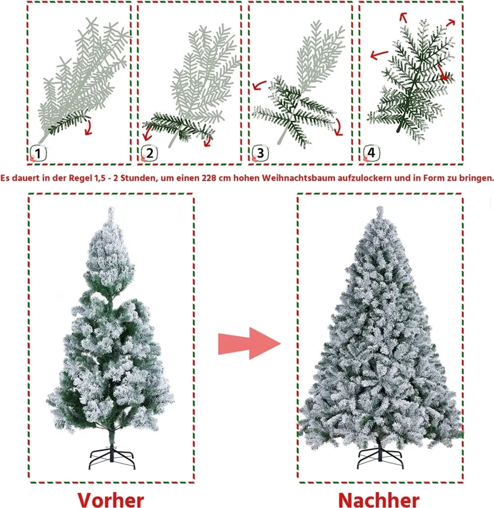Yaheetech Kunstkerstboom 228 cm – Groen/Wit – Ø140 x 228 cm – Besneeuwde Kerstboom met Metalen Standaard