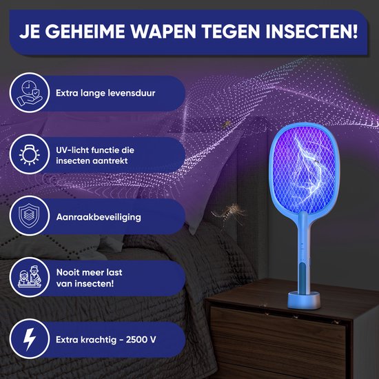 TTD® Premium Elektrische Vliegenmepper en Muggenlamp Oplaadbaar - 2 Standen Vliegenmepper en Muggenlamp - 2500 Volt - Met Veiligheidsnet - UV-Licht - Vliegenvanger - Vliegenlamp - Muggenlamp voor Binnen en Buiten - Muggenvanger - Insectenlamp