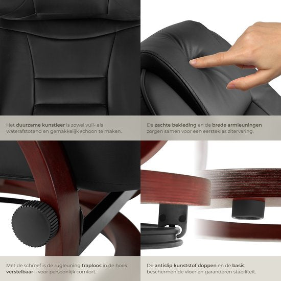 tectake® TV-Fauteuil met Kruk - Verstelbare Rugleuning - 360° Draaibare Relaxfauteuil - Houten Poten - TV-Fauteuil van Imitatieleer met Relaxfunctie - Zwart