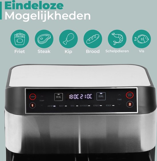 Niceey Dubbele Airfryer XXL - Twee Kookvakken - Dubbele Airfryer - 8.0 Liter - 2460 Watt - Hetelucht friteuse - Incl. Kookboek - Zilver