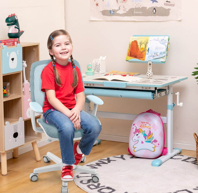 costway bureaustoel voor kinderen - wit/blauw
