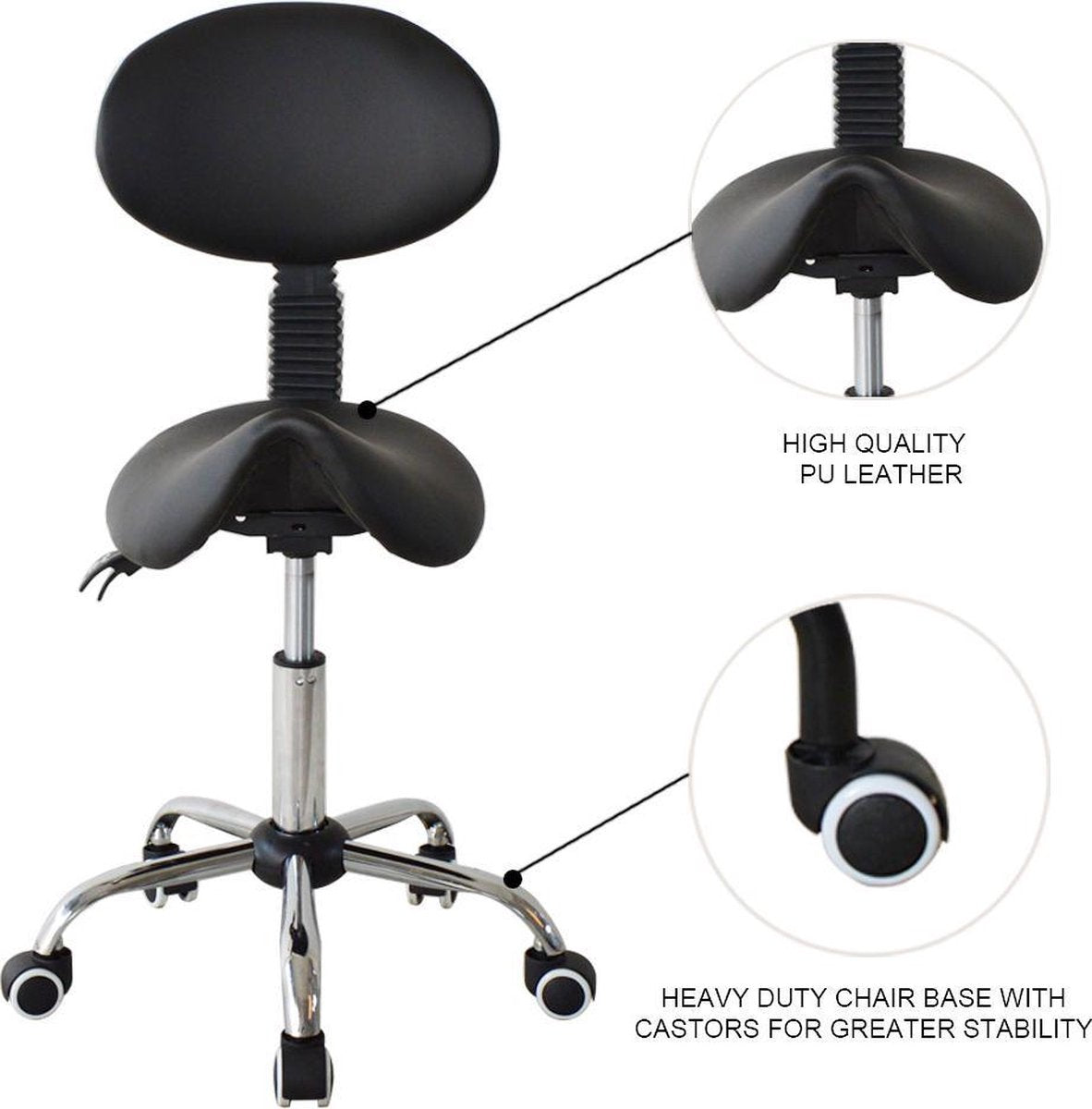 VDD Zadelkruk - Ergonomisch kantelbare rugleuning - Hoogte verstelbaar - 38x36x96cm
