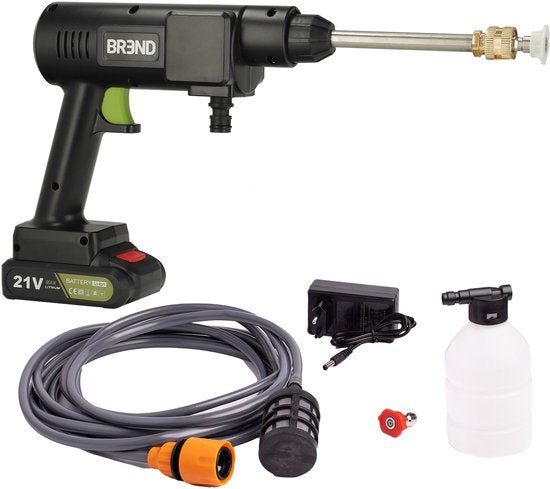 BREND BR-2235 Draadloze Hogedrukreiniger met Accu en Verstelbaar Mondstuk - 3 Sproeipatronen – Aanzuigslang en Fles - Zwart
