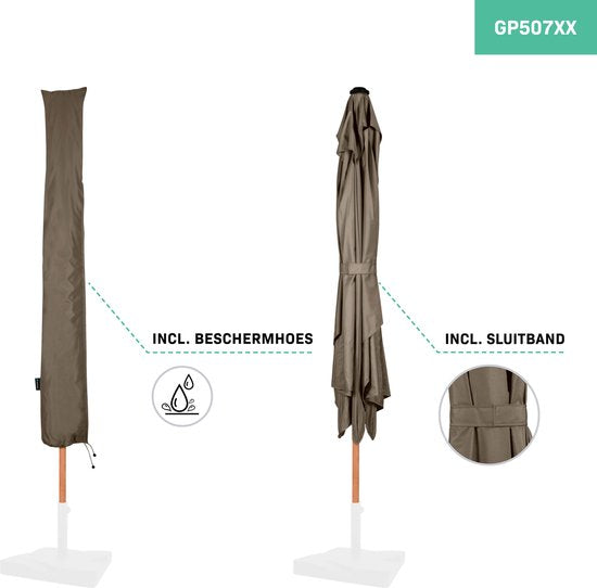 VONROC Premium Stokparasol Rapallo 200x300cm - Incl. beschermhoes – Rechthoekige parasol - Kantelbaar – UV werend doek – Houtlook - Taupe