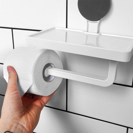 Bathroom Solutions - Toiletrolhouder met Plank - Witte Kunststof - Zuignapbevestiging - Klassiek Ontwerp