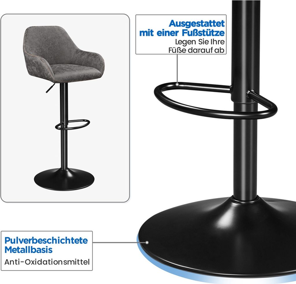 Yaheetech 2er Set Barkrukken met Rugleuning - Draaibaar 360° - In Hoogte Verstelbaar 87,5-107,5 cm - Kunstleer en Metaal - Grijs