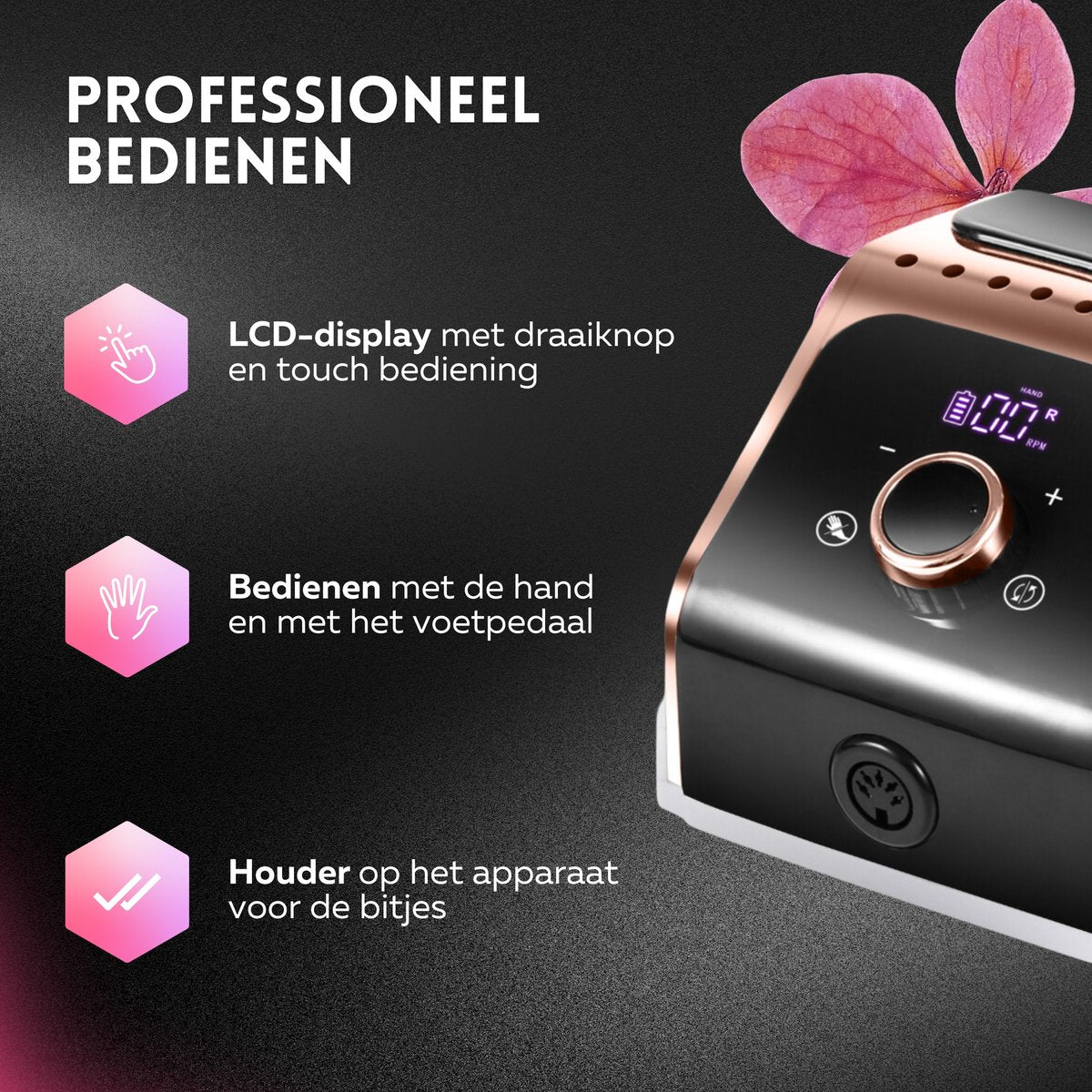 Beeperfect® Elektrische Nagelvijl Ultimate Edition – Draadloze Nagelfrees 45.000 RPM – Manicure & Pedicure Set met 11 Bitjes, 100 Schuurrolletjes & Voetpedaal – Voor Gelnagels, BIAB & Acryl