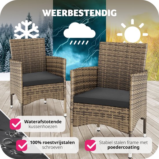 tectake® Set van 2 Wicker Tuinstoelen – Incl. Kussenhoezen – 59 x 57 x 85 cm – Natuur
