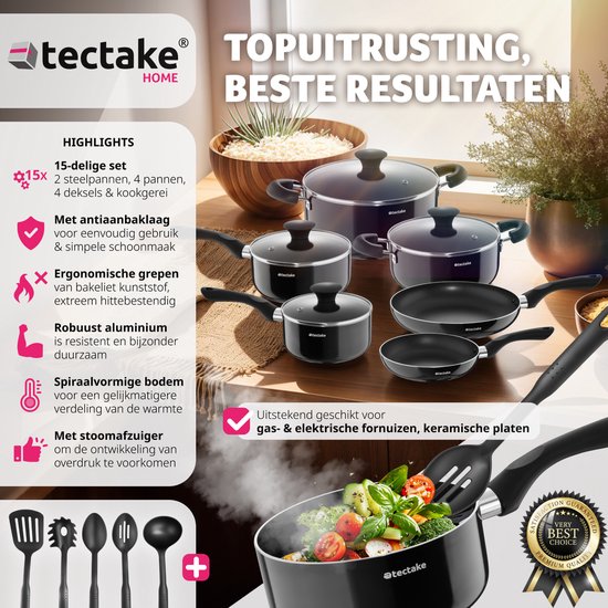 tectake® Pannenset 15-delig - Aluminium met glazen deksels - Inclusief keukengerei - Zwart