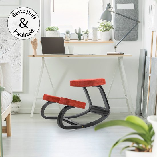 Backerz® Kniestoel - Ergochair - Ergonomische werkkruk en Bureaustoel - Werkkruk - Max 130 kg - Zwart gelakt Hout, Rood Linnen