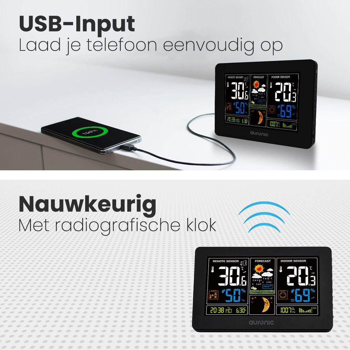 Auronic Weerstation - Draadloos - Binnen en Buiten - met Buitensensor - 60M Bereik - Zwart