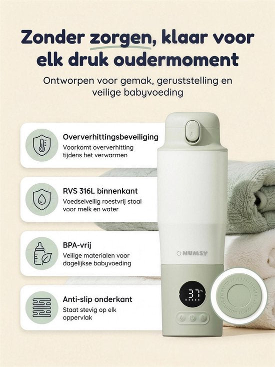 Numsy Draagbare Flessenwarmer Heat & Go Pro - Flessenwarmer Draadloos - Melk Verwarmer Baby