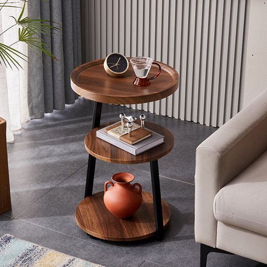 Moderne Bijzettafel – 3-Lagen – Bruin – Ø40 cm – Industrieel Design – MDF – Zwart Metaal