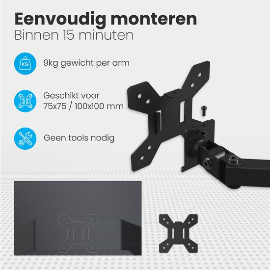 Auronic Monitor Arm - 2 Schermen - 13 tot 27 Inch - Verstelbaar - Draai, Kantel en Zwenkbaar - Dubbele Monitor Beugel - Staal - Zwart