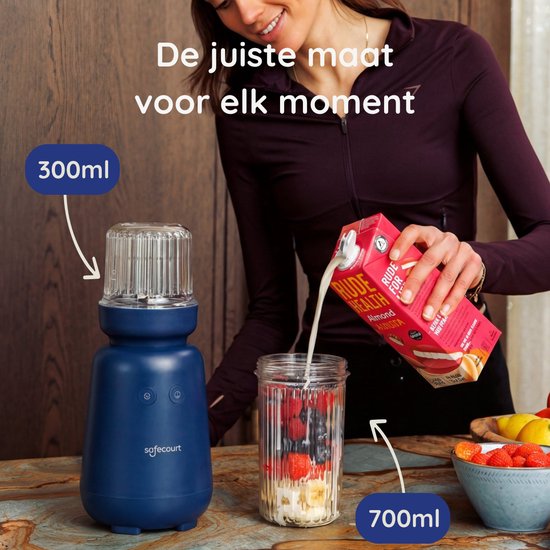 Safecourt Kitchen PureBlend - 1000W Smoothie maker - BPA vrij - inclusief to-go drinkdeksel + rietje- Premium Tritan blendbekers - Blauw