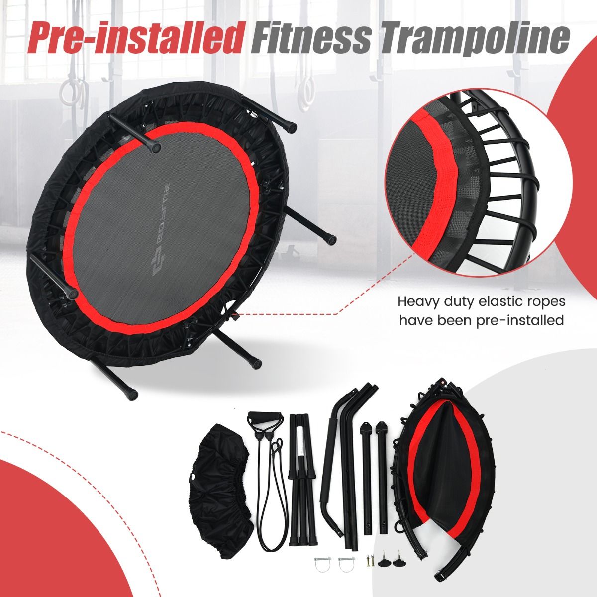 Coast Fitness Trampoline Ø101 cm Rood - Opvouwbare Mini Trampoline met Verstelbare Handgreep & 2 Weerstandsbanden - Belastbaar tot 150 kg