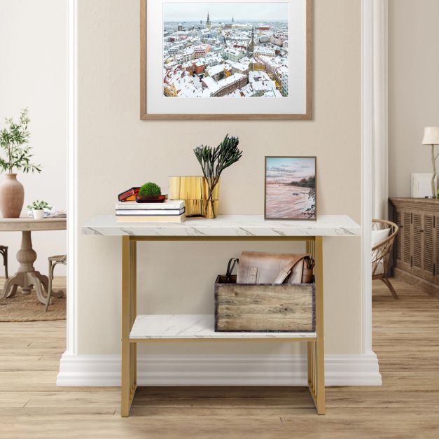 Coast 2 Niveaus Console -tabel met marmeren uiterlijk 120 x 29,5 x 92,5 cm wit en gouden