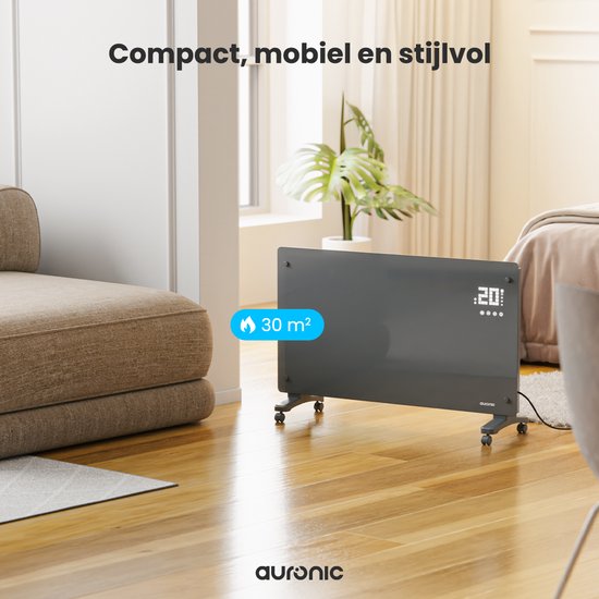 Auronic Elektrische Kachel – Convectorkachel met Thermostaat en Afstandsbediening - Glazen Paneelverwarming - 2500W Heater - Grijs