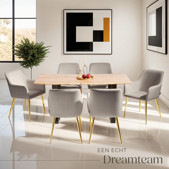 tectake® Eetkamerstoel Avane - Fluweellook - Gestoffeerde stoel met ergonomische armleuningen - Slanke stalen gouden poten - Draagkracht 120 kg - Comfortabele eetkamer- en keukenstoel - Set van 2 - Taupe